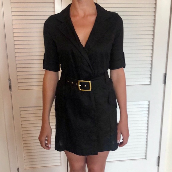 Blk Linen Suit Dress Faux Pockets & Belt - Picture 4 of 6